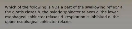 Which of the following is NOT a part of the swallowing reflex? a. the glottis closes b. the pyloric sphincter relaxes c. the lower esophageal sphincter relaxes d. respiration is inhibited e. the upper esophageal sphincter relaxes