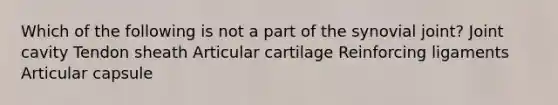 Which of the following is not a part of the synovial joint? Joint cavity Tendon sheath Articular cartilage Reinforcing ligaments Articular capsule