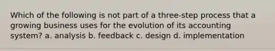 Which of the following is not part of a three-step process that a growing business uses for the evolution of its accounting system? a. analysis b. feedback c. design d. implementation