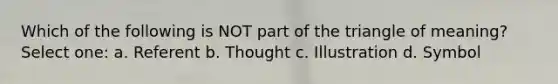 Which of the following is NOT part of the triangle of meaning? Select one: a. Referent b. Thought c. Illustration d. Symbol