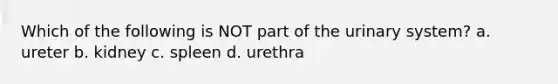 Which of the following is NOT part of the urinary system? a. ureter b. kidney c. spleen d. urethra