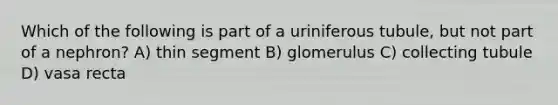 Which of the following is part of a uriniferous tubule, but not part of a nephron? A) thin segment B) glomerulus C) collecting tubule D) vasa recta