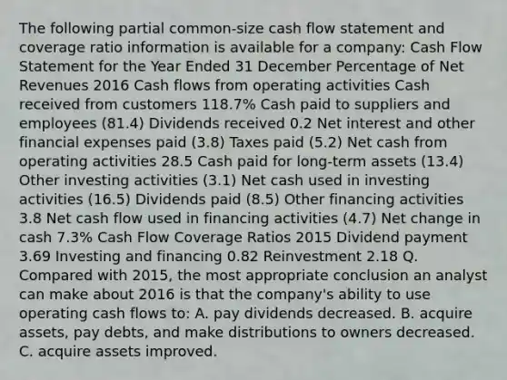 The following partial common-size cash flow statement and coverage ratio information is available for a company: Cash Flow Statement for the Year Ended 31 December Percentage of Net Revenues 2016 Cash flows from operating activities Cash received from customers 118.7% Cash paid to suppliers and employees (81.4) Dividends received 0.2 Net interest and other financial expenses paid (3.8) Taxes paid (5.2) Net cash from operating activities 28.5 Cash paid for long-term assets (13.4) Other investing activities (3.1) Net cash used in investing activities (16.5) Dividends paid (8.5) Other financing activities 3.8 Net cash flow used in financing activities (4.7) Net change in cash 7.3% Cash Flow Coverage Ratios 2015 Dividend payment 3.69 Investing and financing 0.82 Reinvestment 2.18 Q. Compared with 2015, the most appropriate conclusion an analyst can make about 2016 is that the company's ability to use operating cash flows to: A. pay dividends decreased. B. acquire assets, pay debts, and make distributions to owners decreased. C. acquire assets improved.