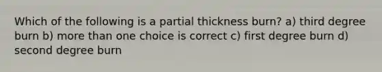 Which of the following is a partial thickness burn? a) third degree burn b) more than one choice is correct c) first degree burn d) second degree burn