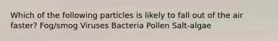 Which of the following particles is likely to fall out of the air faster? Fog/smog Viruses Bacteria Pollen Salt-algae