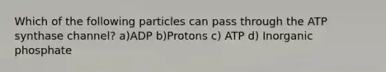 Which of the following particles can pass through the ATP synthase channel? a)ADP b)Protons c) ATP d) Inorganic phosphate