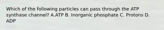 Which of the following particles can pass through the ATP synthase channel? A.ATP B. Inorganic phosphate C. Protons D. ADP