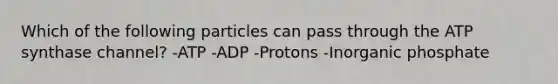 Which of the following particles can pass through the ATP synthase channel? -ATP -ADP -Protons -Inorganic phosphate