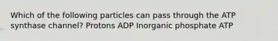 Which of the following particles can pass through the ATP synthase channel? Protons ADP Inorganic phosphate ATP