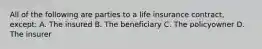 All of the following are parties to a life insurance contract, except: A. The insured B. The beneficiary C. The policyowner D. The insurer