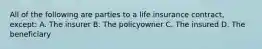 All of the following are parties to a life insurance contract, except: A. The insurer B. The policyowner C. The insured D. The beneficiary