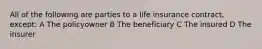 All of the following are parties to a life insurance contract, except: A The policyowner B The beneficiary C The insured D The insurer