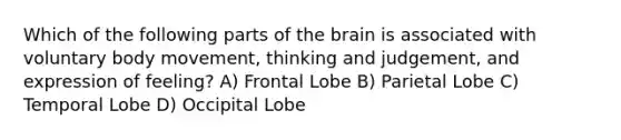 Which of the following parts of the brain is associated with voluntary body movement, thinking and judgement, and expression of feeling? A) Frontal Lobe B) Parietal Lobe C) Temporal Lobe D) Occipital Lobe