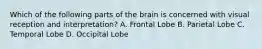 Which of the following parts of the brain is concerned with visual reception and interpretation? A. Frontal Lobe B. Parietal Lobe C. Temporal Lobe D. Occipital Lobe