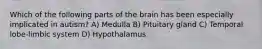 Which of the following parts of the brain has been especially implicated in autism? A) Medulla B) Pituitary gland C) Temporal lobe-limbic system D) Hypothalamus