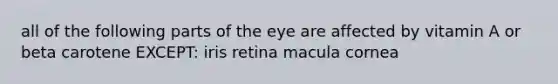 all of the following parts of the eye are affected by vitamin A or beta carotene EXCEPT: iris retina macula cornea