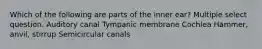 Which of the following are parts of the inner ear? Multiple select question. Auditory canal Tympanic membrane Cochlea Hammer, anvil, stirrup Semicircular canals