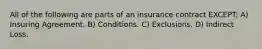 All of the following are parts of an insurance contract EXCEPT: A) Insuring Agreement. B) Conditions. C) Exclusions. D) Indirect Loss.