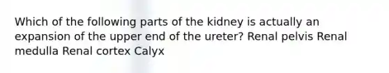 Which of the following parts of the kidney is actually an expansion of the upper end of the ureter? Renal pelvis Renal medulla Renal cortex Calyx