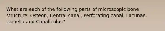 What are each of the following parts of microscopic bone structure: Osteon, Central canal, Perforating canal, Lacunae, Lamella and Canaliculus?