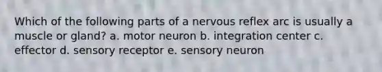 Which of the following parts of a nervous reflex arc is usually a muscle or gland? a. motor neuron b. integration center c. effector d. sensory receptor e. sensory neuron