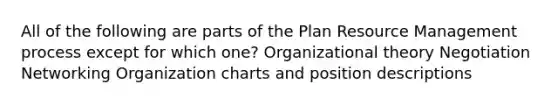 All of the following are parts of the Plan Resource Management process except for which one? Organizational theory Negotiation Networking Organization charts and position descriptions