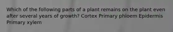 Which of the following parts of a plant remains on the plant even after several years of growth? Cortex Primary phloem Epidermis Primary xylem