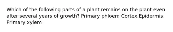 Which of the following parts of a plant remains on the plant even after several years of growth? Primary phloem Cortex Epidermis Primary xylem