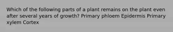 Which of the following parts of a plant remains on the plant even after several years of growth? Primary phloem Epidermis Primary xylem Cortex