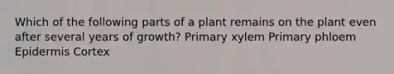 Which of the following parts of a plant remains on the plant even after several years of growth? Primary xylem Primary phloem Epidermis Cortex