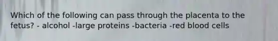 Which of the following can pass through the placenta to the fetus? - alcohol -large proteins -bacteria -red blood cells