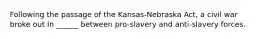 Following the passage of the Kansas-Nebraska Act, a civil war broke out in ______ between pro-slavery and anti-slavery forces.