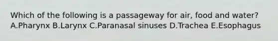 Which of the following is a passageway for air, food and water? A.Pharynx B.Larynx C.Paranasal sinuses D.Trachea E.Esophagus