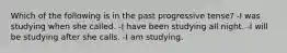 Which of the following is in the past progressive tense? -I was studying when she called. -I have been studying all night. -I will be studying after she calls. -I am studying.