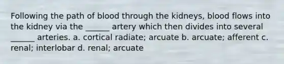 Following the path of blood through the kidneys, blood flows into the kidney via the ______ artery which then divides into several ______ arteries. a. cortical radiate; arcuate b. arcuate; afferent c. renal; interlobar d. renal; arcuate