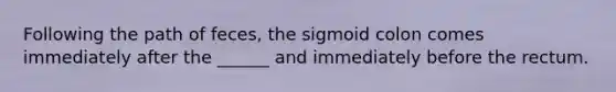 Following the path of feces, the sigmoid colon comes immediately after the ______ and immediately before the rectum.