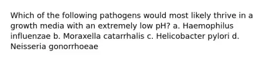 Which of the following pathogens would most likely thrive in a growth media with an extremely low pH? a. Haemophilus influenzae b. Moraxella catarrhalis c. Helicobacter pylori d. Neisseria gonorrhoeae