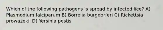 Which of the following pathogens is spread by infected lice? A) Plasmodium falciparum B) Borrelia burgdorferi C) Rickettsia prowazekii D) Yersinia pestis