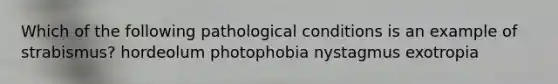 Which of the following pathological conditions is an example of strabismus? hordeolum photophobia nystagmus exotropia