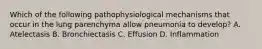 Which of the following pathophysiological mechanisms that occur in the lung parenchyma allow pneumonia to develop? A. Atelectasis B. Bronchiectasis C. Effusion D. Inflammation