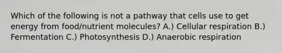 Which of the following is not a pathway that cells use to get energy from food/nutrient molecules? A.) Cellular respiration B.) Fermentation C.) Photosynthesis D.) Anaerobic respiration