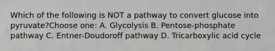 Which of the following is NOT a pathway to convert glucose into pyruvate?Choose one: A. Glycolysis B. Pentose-phosphate pathway C. Entner-Doudoroff pathway D. Tricarboxylic acid cycle