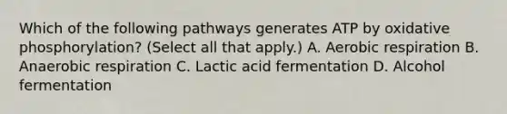 Which of the following pathways generates ATP by oxidative phosphorylation? (Select all that apply.) A. Aerobic respiration B. Anaerobic respiration C. Lactic acid fermentation D. Alcohol fermentation