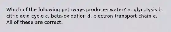 Which of the following pathways produces water? a. glycolysis b. citric acid cycle c. beta-oxidation d. electron transport chain e. All of these are correct.