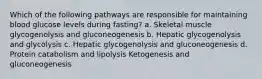 Which of the following pathways are responsible for maintaining blood glucose levels during fasting? a. Skeletal muscle glycogenolysis and gluconeogenesis b. Hepatic glycogenolysis and glycolysis c. Hepatic glycogenolysis and gluconeogenesis d. Protein catabolism and lipolysis Ketogenesis and gluconeogenesis