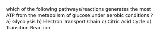 which of the following pathways/reactions generates the most ATP from the metabolism of glucose under aerobic conditions ? a) Glycolysis b) Electron Transport Chain c) Citric Acid Cycle d) Transition Reaction