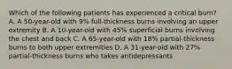 Which of the following patients has experienced a critical burn? A. A 50-year-old with 9% full-thickness burns involving an upper extremity B. A 10-year-old with 45% superficial burns involving the chest and back C. A 65-year-old with 18% partial-thickness burns to both upper extremities D. A 31-year-old with 27% partial-thickness burns who takes antidepressants