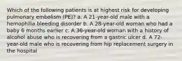 Which of the following patients is at highest risk for developing pulmonary embolism (PE)? a. A 21-year-old male with a hemophilia bleeding disorder b. A 28-year-old woman who had a baby 6 months earlier c. A 36-year-old woman with a history of alcohol abuse who is recovering from a gastric ulcer d. A 72-year-old male who is recovering from hip replacement surgery in the hospital