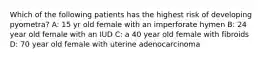 Which of the following patients has the highest risk of developing pyometra? A: 15 yr old female with an imperforate hymen B: 24 year old female with an IUD C: a 40 year old female with fibroids D: 70 year old female with uterine adenocarcinoma