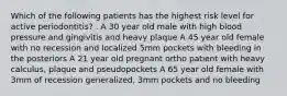 Which of the following patients has the highest risk level for active periodontitis? . A 30 year old male with high blood pressure and gingivitis and heavy plaque A 45 year old female with no recession and localized 5mm pockets with bleeding in the posteriors A 21 year old pregnant ortho patient with heavy calculus, plaque and pseudopockets A 65 year old female with 3mm of recession generalized, 3mm pockets and no bleeding